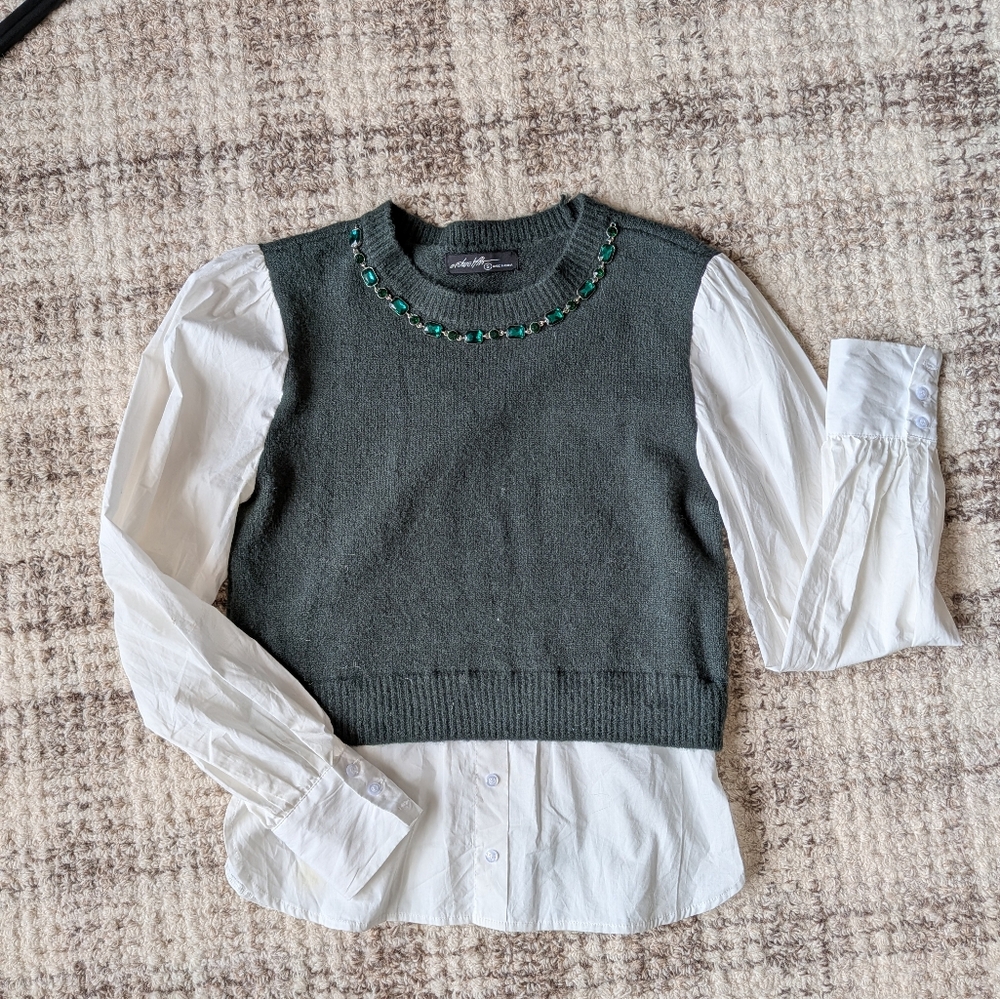 Women's Green Sweater Vest with White Blouse